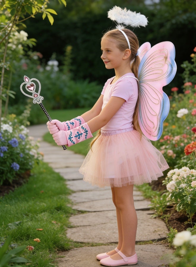 WangPangZi 5 Pcs Butterfly Fairy Costume for Girls Kids Princess Cosplay Costume Set with Wings, Tutu Skirt, Wand,Headdress, Gloves for Girls 3-6 Years Pink - Image 5